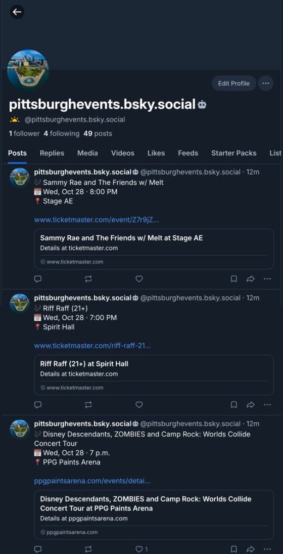 The pittsburghevents.bsky.social profile showing posts for upcoming Pittsburgh shows with dates, venues, and ticket links