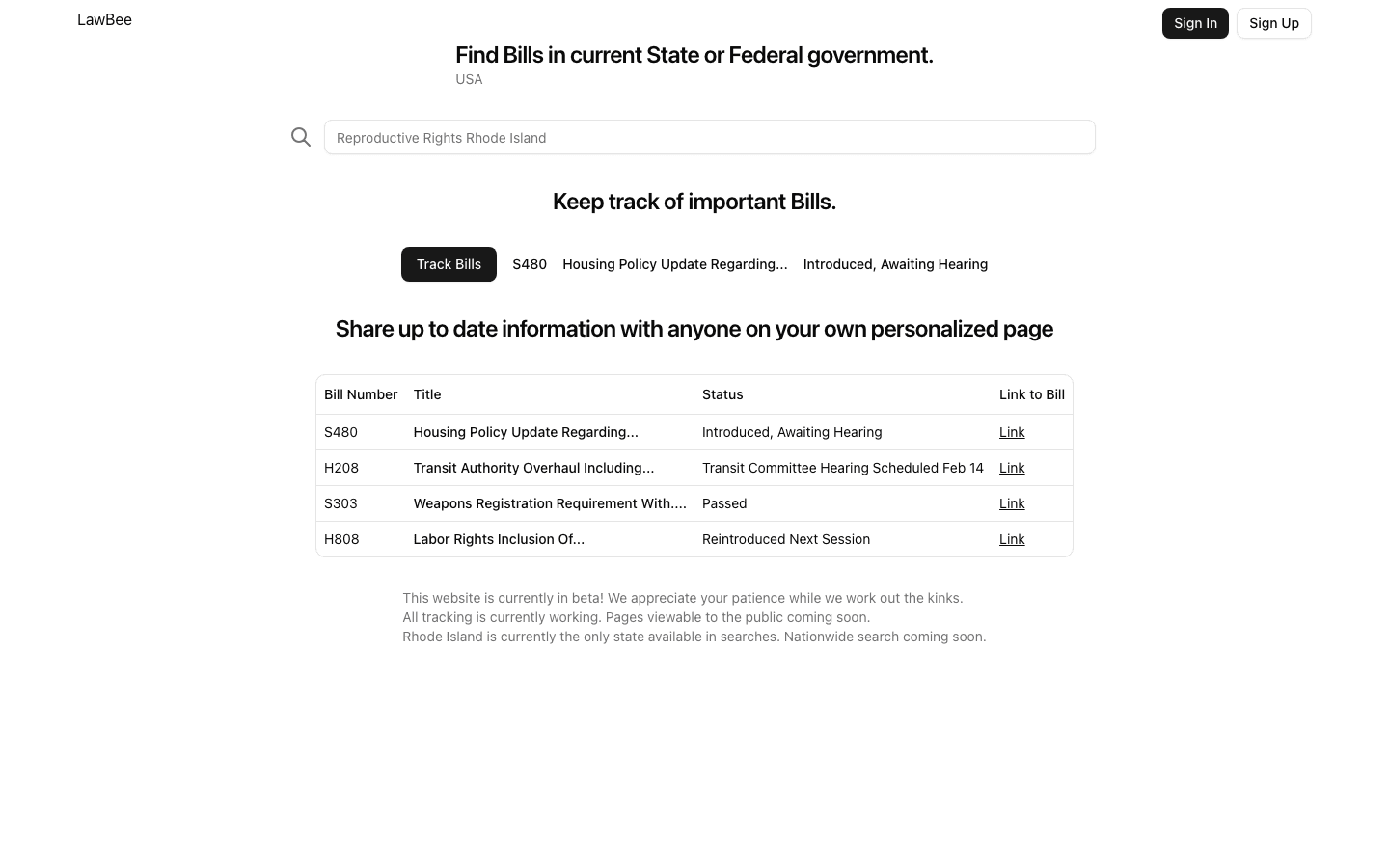 Lawbee homepage on desktop