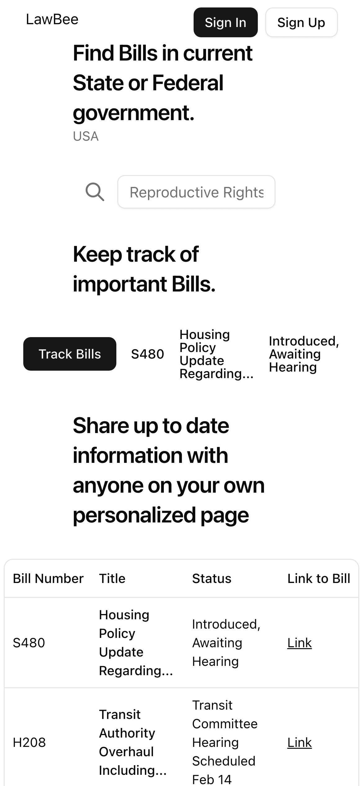 Lawbee homepage on mobile