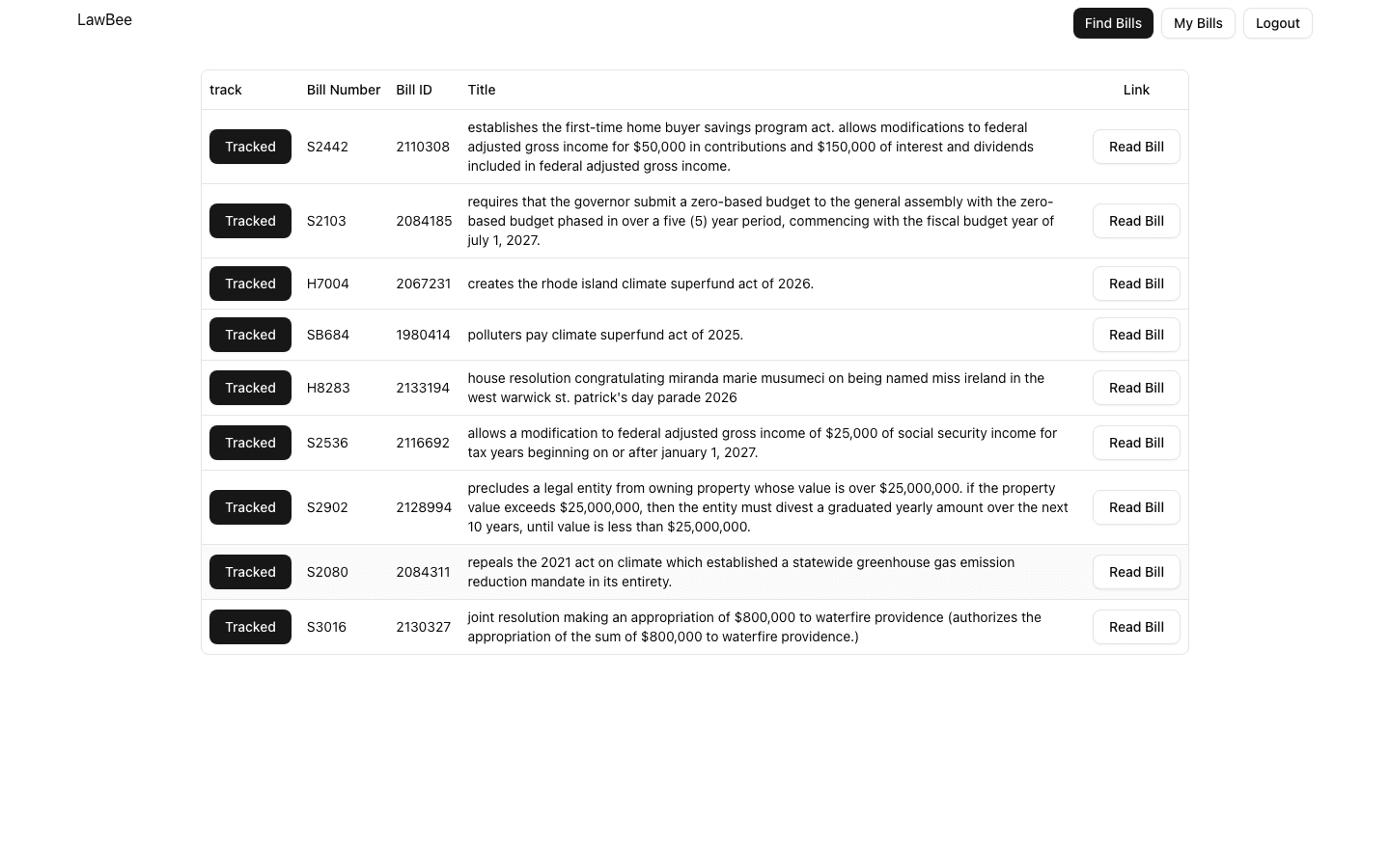 Lawbee my bills page on desktop