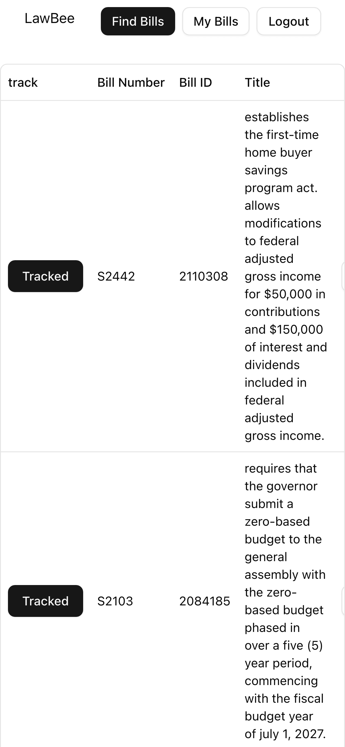 Lawbee my bills page on mobile