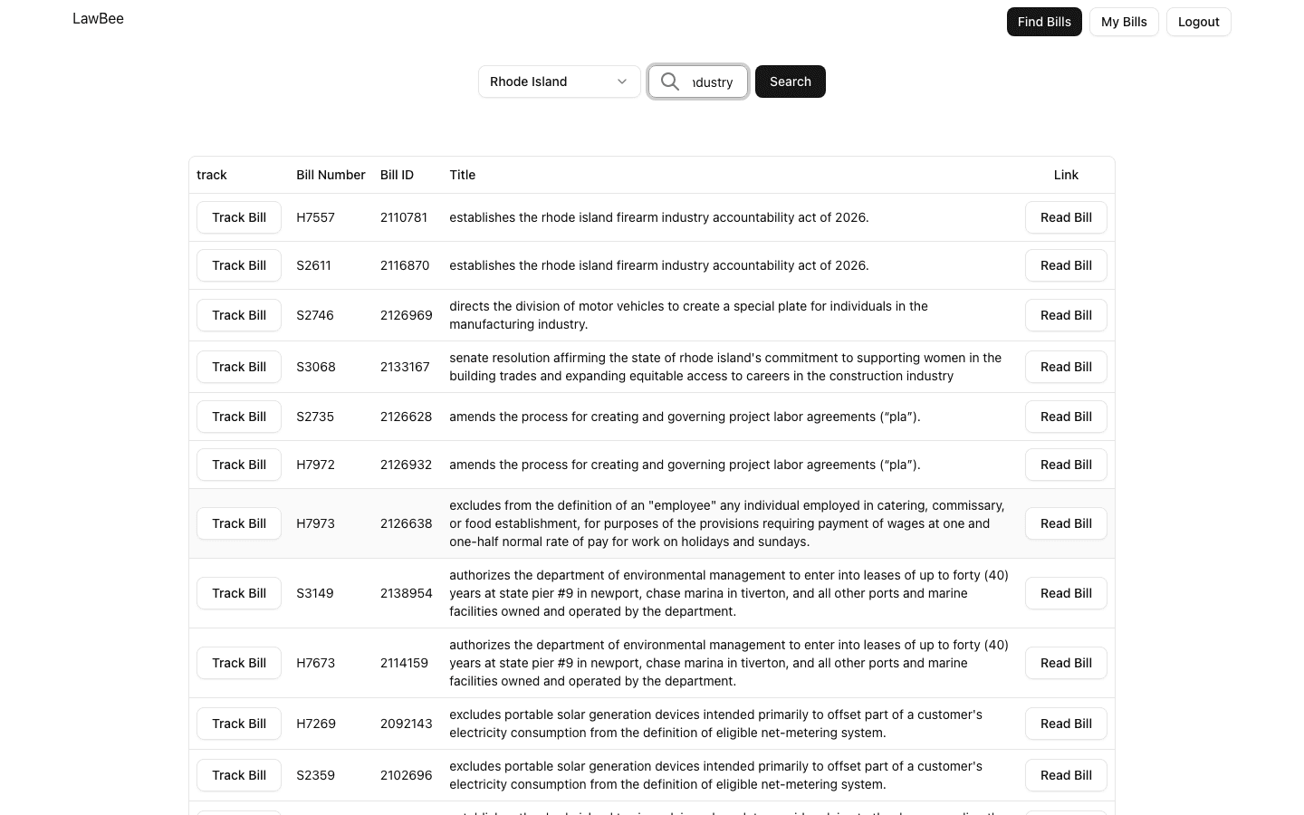 Lawbee homepage with industry in the search field on desktop
