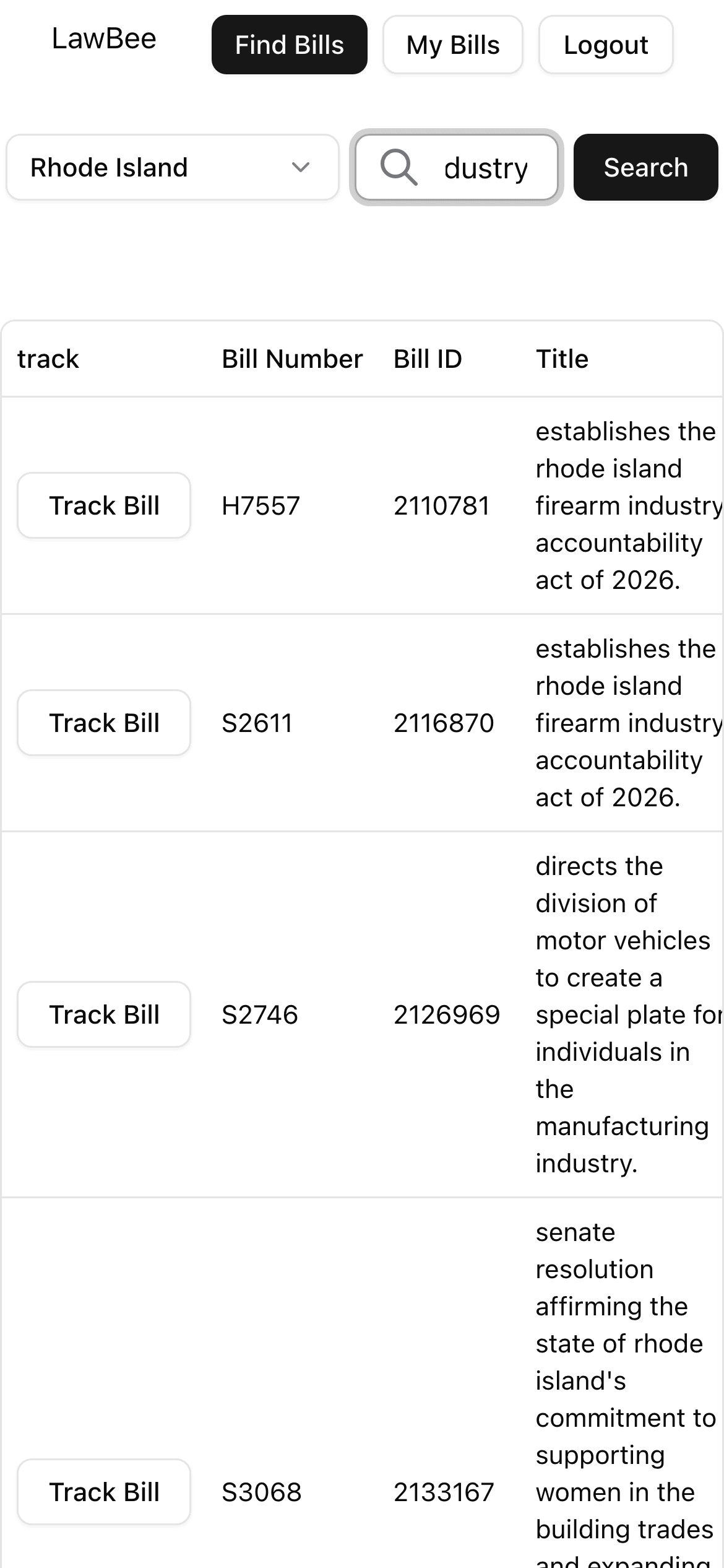 Lawbee homepage with industry in the search field on mobile