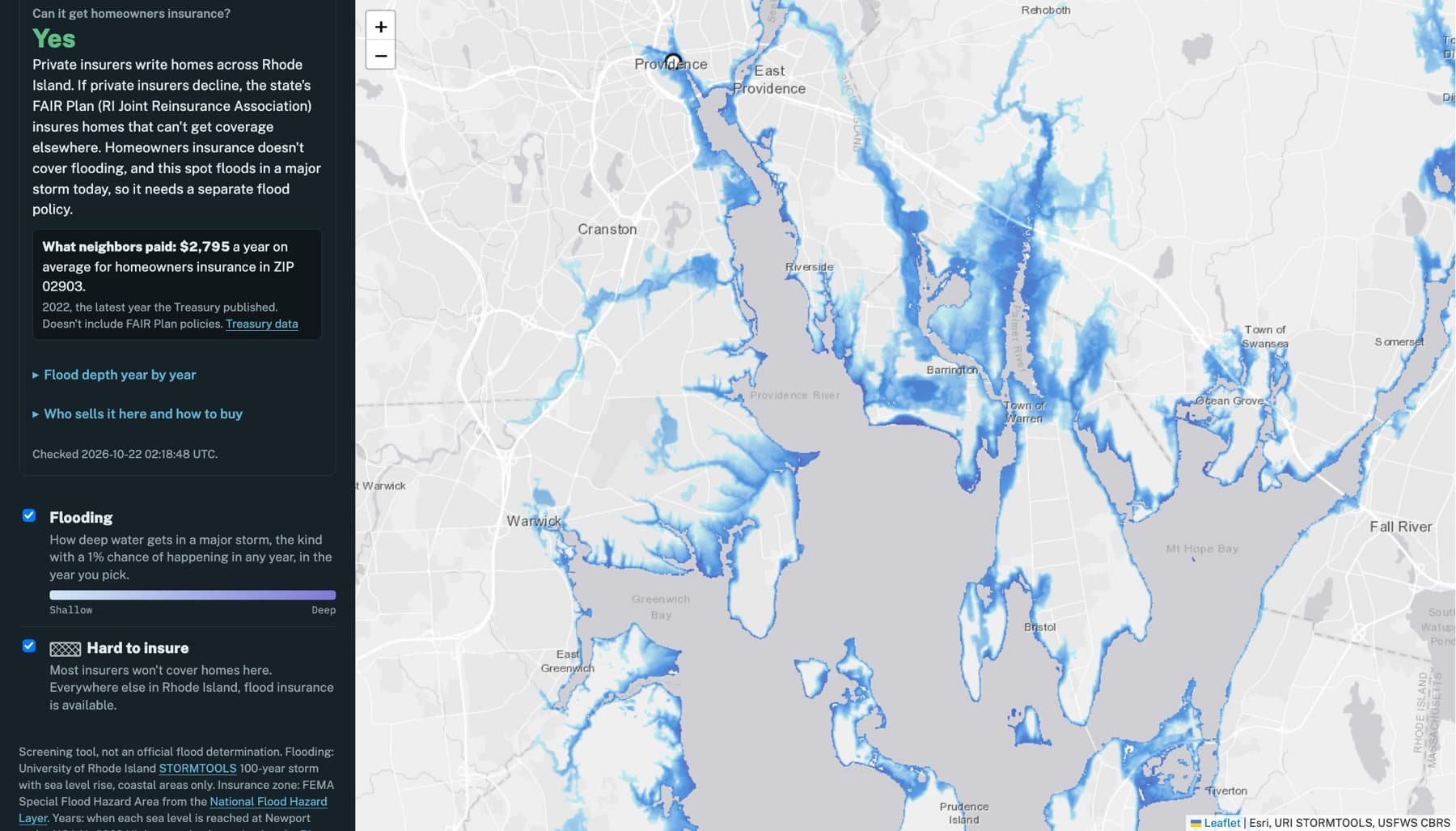 Map of Narragansett Bay shaded by storm flood depth, with the answer card showing homeowners insurance availability and what neighbors paid