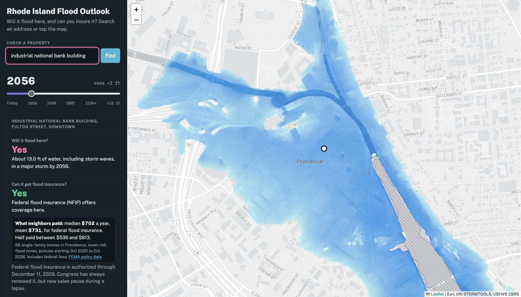 Map of downtown Providence with the answer card: about 13 feet of water by 2056, federal flood insurance available, and a median of $702 a year paid by neighbors